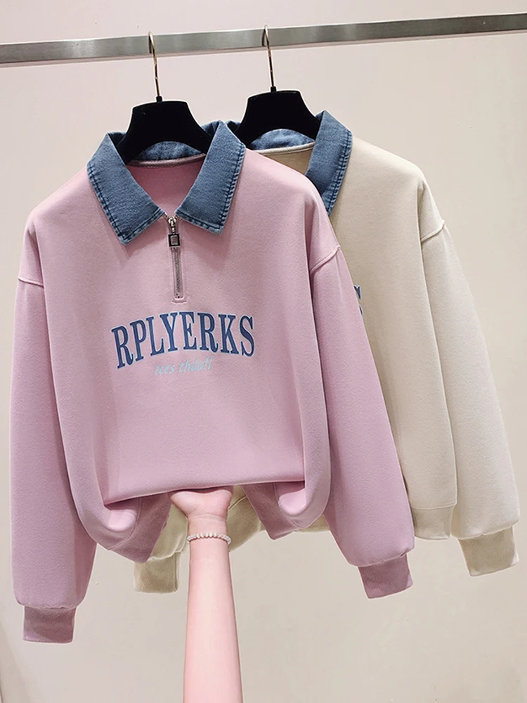 Denim Splicing POLO Collar Pullover Print Sweatshirt Zipper Fall Winter Long Sleeved Top Fake Two-piece Streetwear Style Casual
