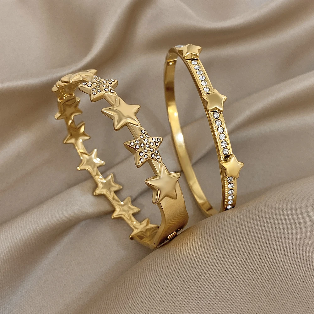 Greatera Mode fünfzackigen Stern Zirkon Dekoration Manschette Armreif Licht Luxus Temperament Edelstahl Armband Meistverkauft