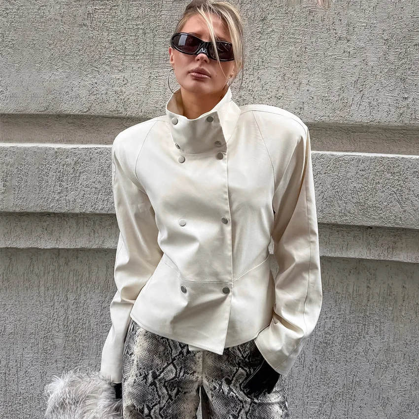 Vintage Women's Beige Stand-up Collar Double-breasted Jacket 2026 Autumn Long-sleeved Versatile Slim-fit Short Commuter Jacket