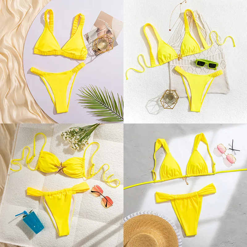 

NewbikiniSolid Color Halter Neck Tie Starfish Decoration Sexy Bikini Two-Piece Swimsuit for Women