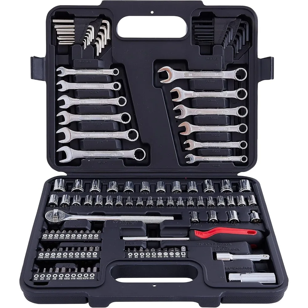 

121 Piece Mechanic Tool Set, 1/4 & 3/8 Inch Drive Metric & Standard Socket Wrench Kit, for General, Home, Car, Mechanics, Automo
