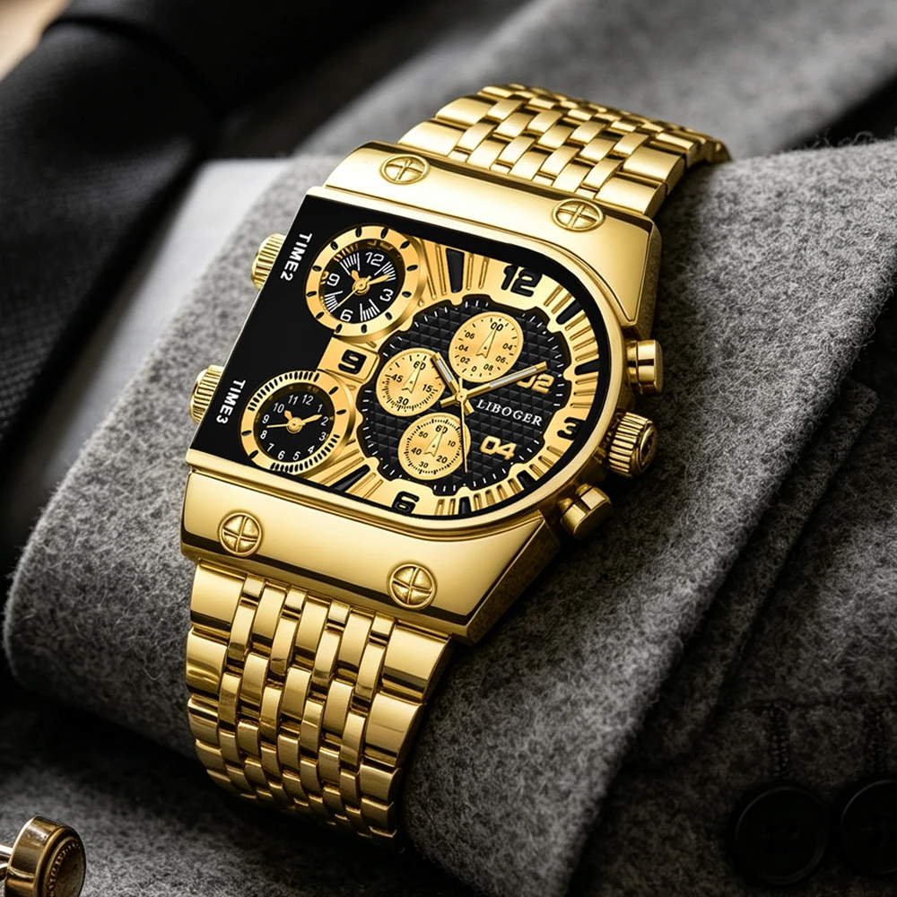 High-End Men's Quartz Watch with 3 Time Zones Stainless Steel Strap Retro Unique Versatile Business Wristwatch