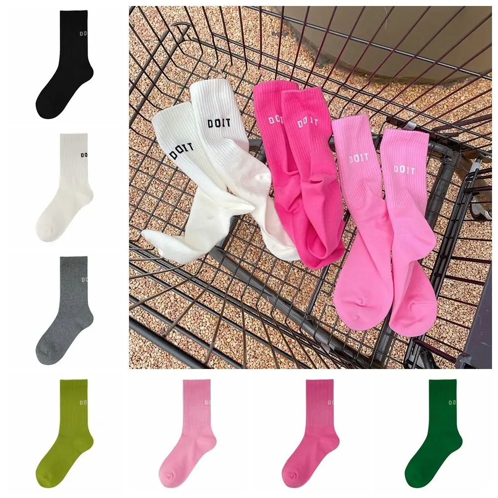 

Solid Pink Socks Fashion Cotton Colorful Calf Socks Female Hosiery Middle Tube Socks Letter Crew Socks Sports