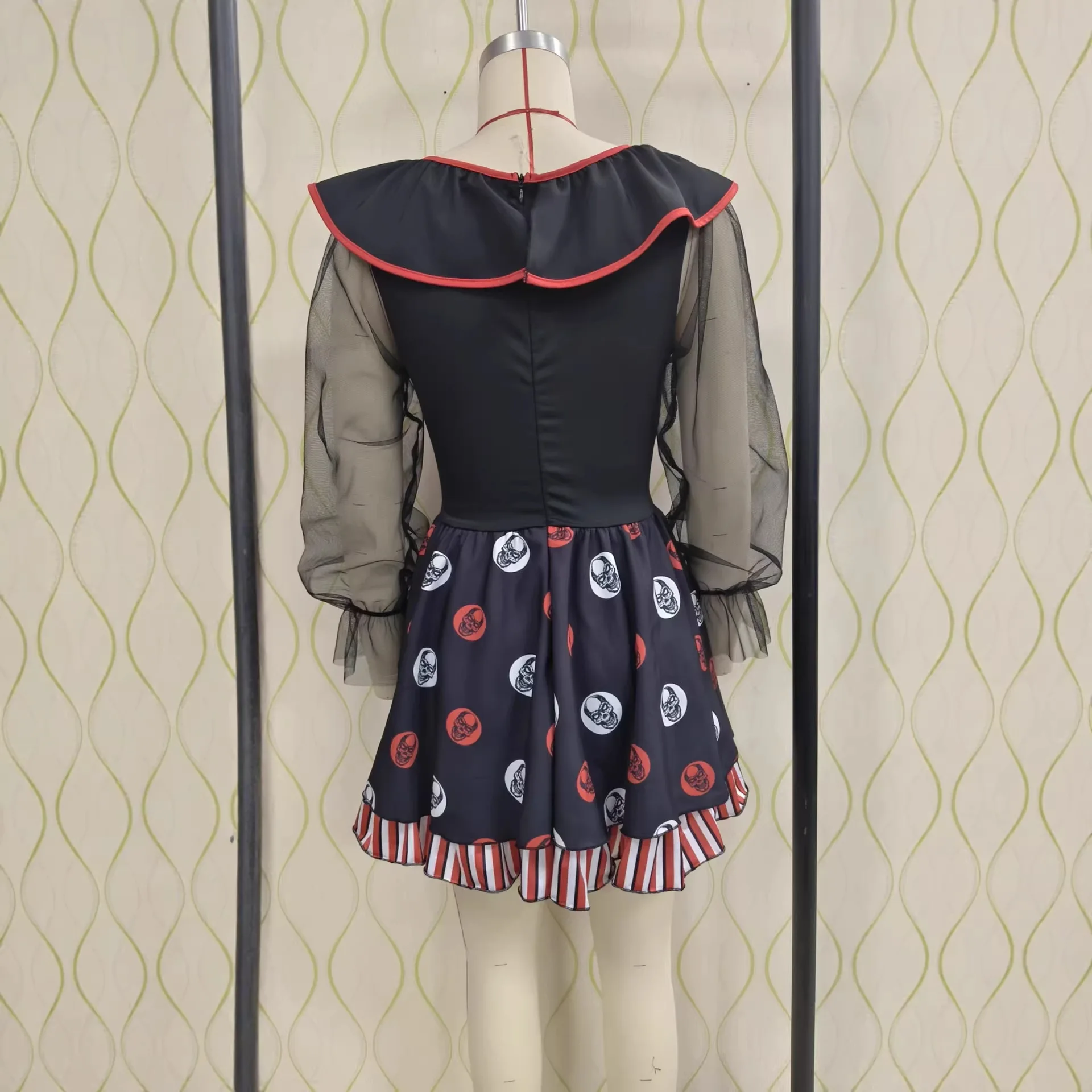 Halloween Costumes Women Horror Clown Cosplay Mini Dress Sheer Long Sleeve Ruffle Collar Polka Dot Stripe Party Club Outfit