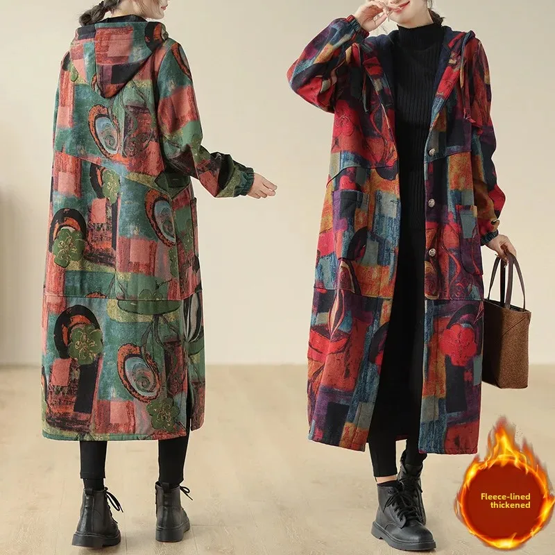 Thickened Fleece-Lined Cotton Coat Loose-Fit Hooded Printing Jacket New 2023 Autumn Winter Style For Mothers