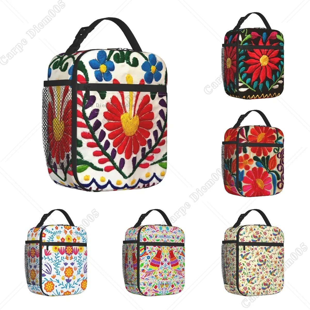 Mexican Flowers 3D Print Embroidery Pattern Portable Lunch Boxes Waterproof Thermal Cooler Food Insulated Lunch Bag Office Work