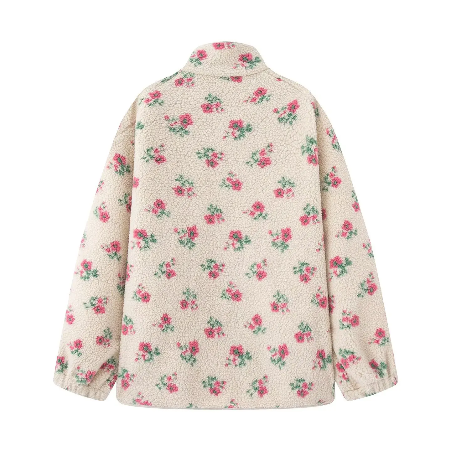 Fashion Floral Jacket For Women Autumn Winter New Warm Half-high Collar Long Sleeved Spliced ​​pocket Zipper Polar Fleece Coat