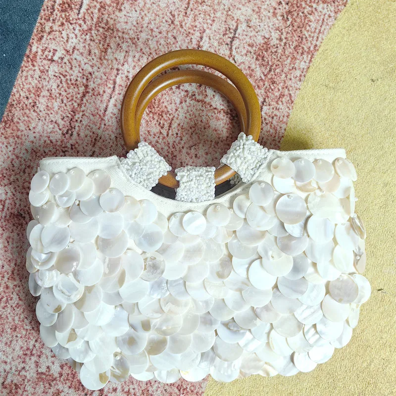 2025 summer new pure handmade shell bag wooden handle trend chain shoulder crossbody bag