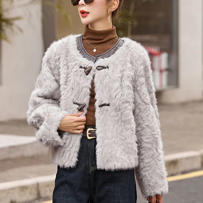 Korean Women Faux Lambskin Fur Jacket Fall Winter Long Sleeve Thick Warm Coat Elegant Fashion Casual Commuter Office Outwear