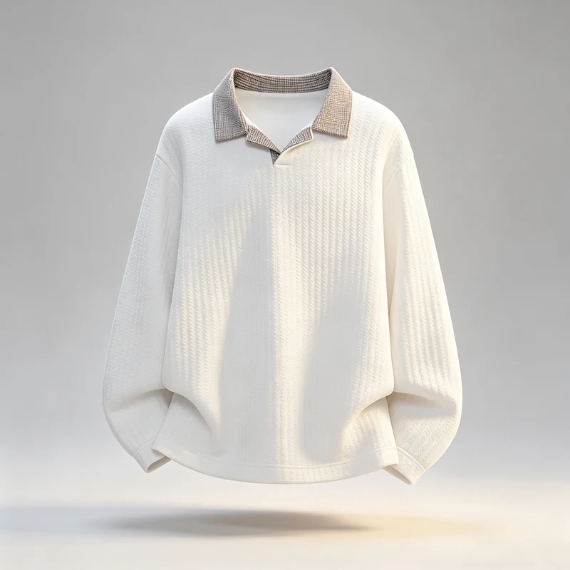 Herren-Polohemd mit Textur, langen Ärmeln, Kontrastkragen im Karomuster, lockere Passform, vertikale Streifen, Strickoberteil, lässiger Stil, Streetwear, für den täglichen Gebrauch. – Detail 5