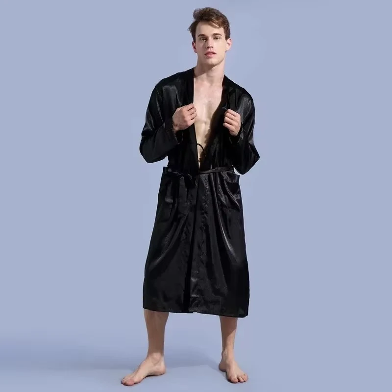 Men\'s Satin Kimono Robe Silky Long Bathrobe Pockets Lightweight Loungewear Men Dressing Gown Wedding Party