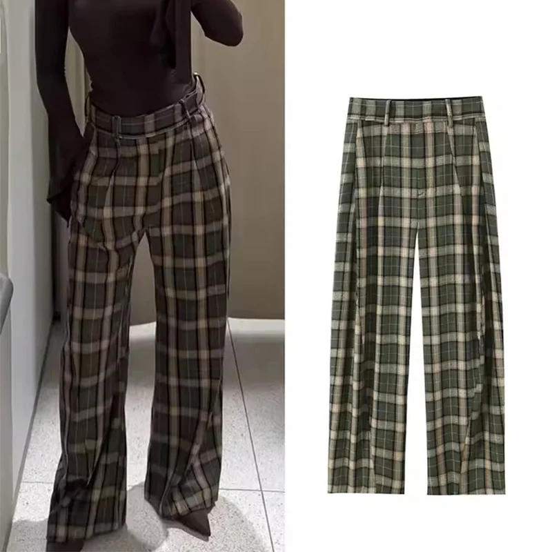 Frauen Herbst Neue Hosen 2025, Weibliche Mode Grid Print Hohe Taille Breite Bein Hosen Frauen Hight Street Freizeit Hosen ﻿