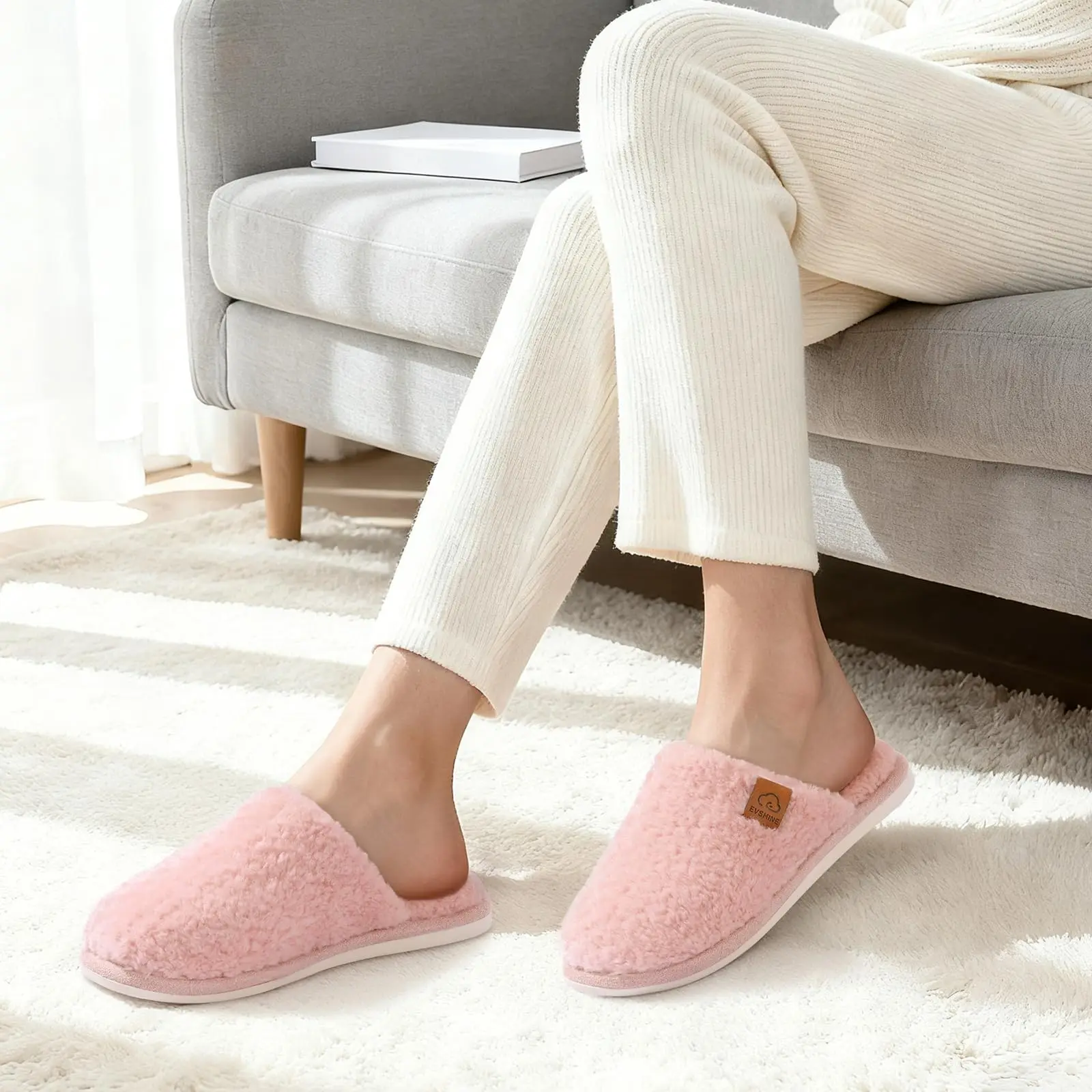 Shevalues Winter-Plüsch-Hausschuhe für Damen, warme Indoor-Slipper mit flachem Boden, flauschige, bequeme Baumwoll-Hausschuhe für Damen – Detail 13