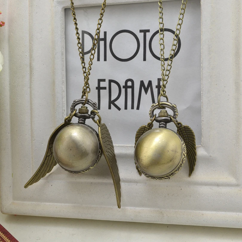 Vintage Cute Small Ball Quartz Pocket Watch for Men Women Bronze Wings Fob Chain Pendant Necklace Clock for Collection Kids Gift