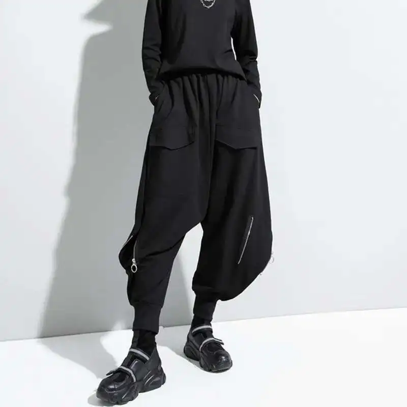 HKSH Autumn Winter New Women's Tide Dark Casual Elastic Waist Loose Punk Harem Pencil Pants Y2K Pocket Zipper Design Loose H2624