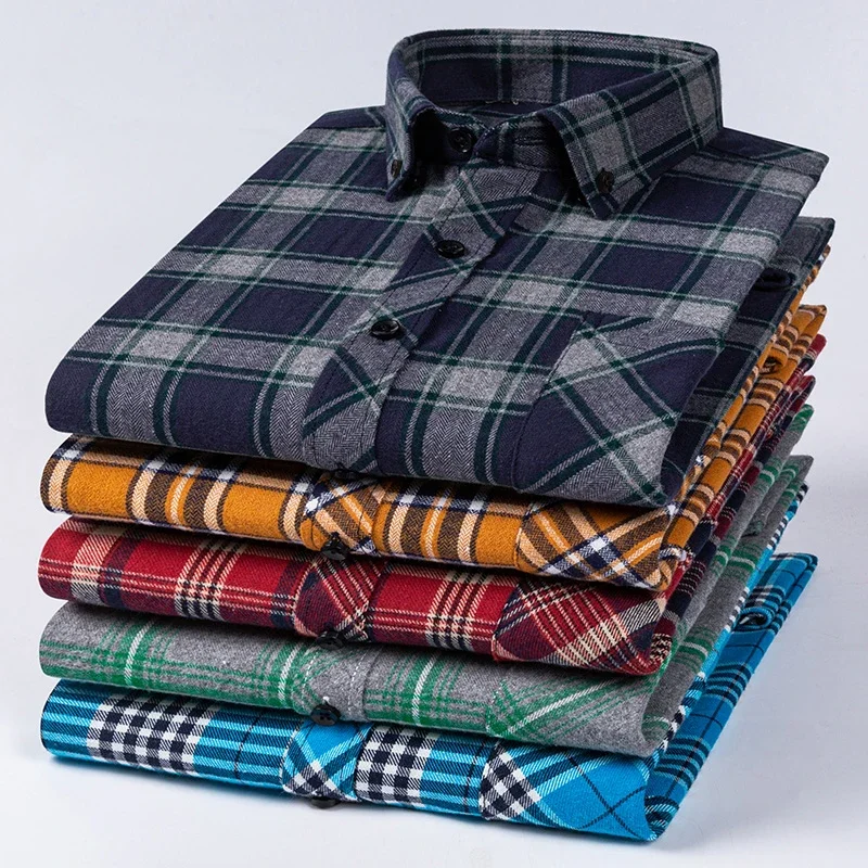 plus size 6xl 100%cotton brushed long-sleeve shirts for men slim fit formal plain shirt comfortable Casual plaid elegant clothes