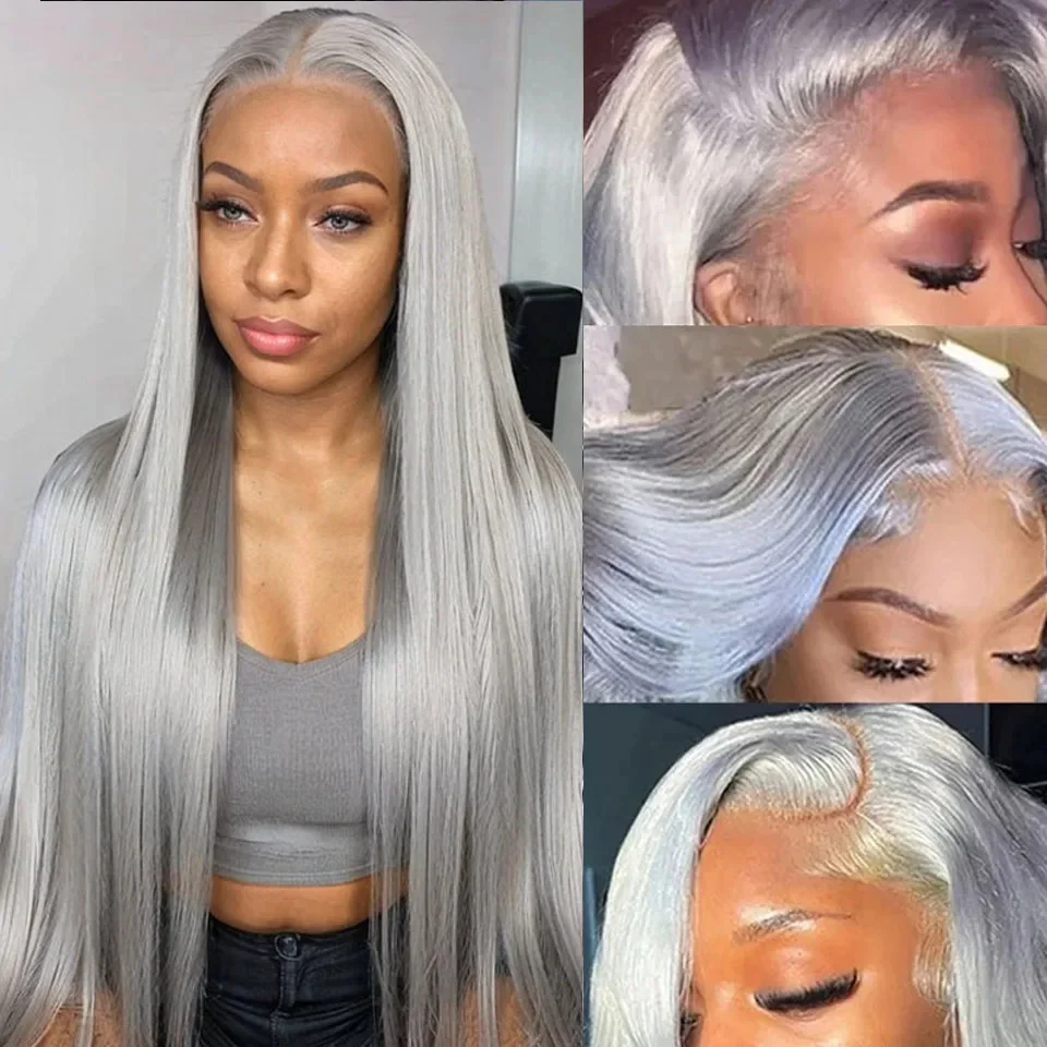 فضي رمادي العظام مستقيم 13x4 الدانتيل الباروكات الأمامية خصلات الشعر المستعار الإنسان الجسم موجة الدانتيل الجبهة الباروكات للنساء قبل قطعها مع شعر الطفل #5