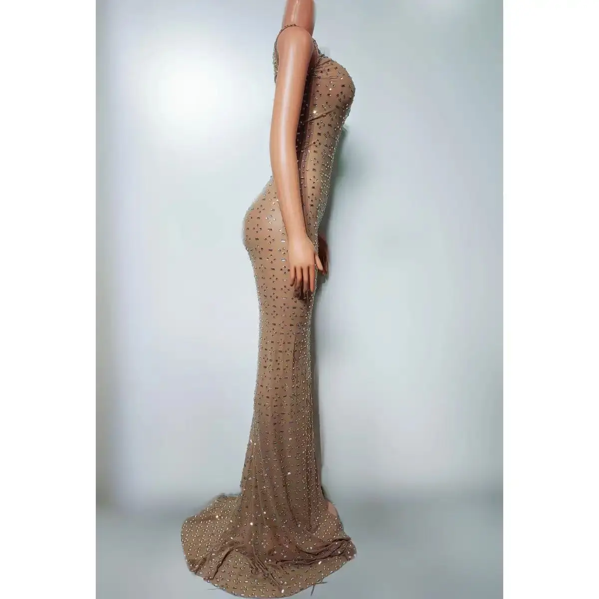 Nightclub Bar DJ Female Singer Performance Clothing Sexy Perspective Mesh Full Diamond Split Skirt Dance Team Party Theme Show