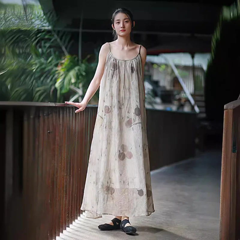 2025 Spring/Summer New Large Swing Skirt with Leaf Dyeing, Plant Dyeing, Tencel Wrinkle Strap Skirt, Clear Cold Wind Skirt