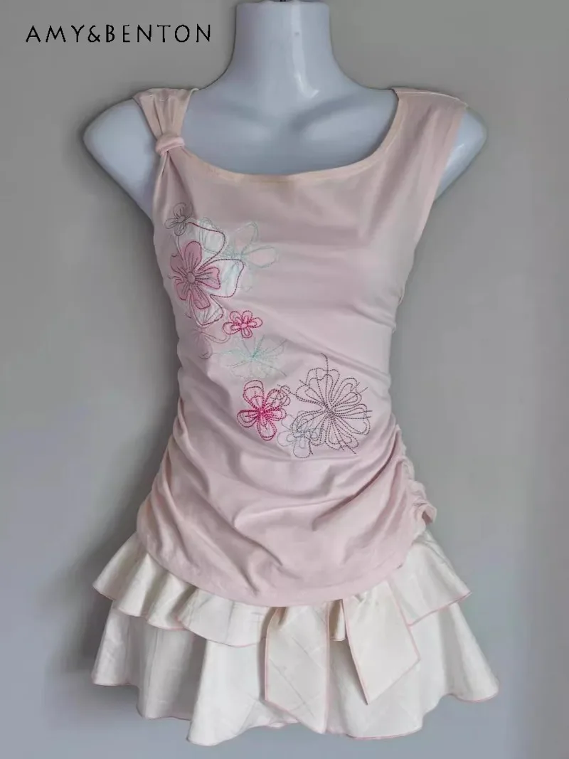 

Sweet Vintage Asymmetrical Pleated Waist Wide Neck Tank Top Women