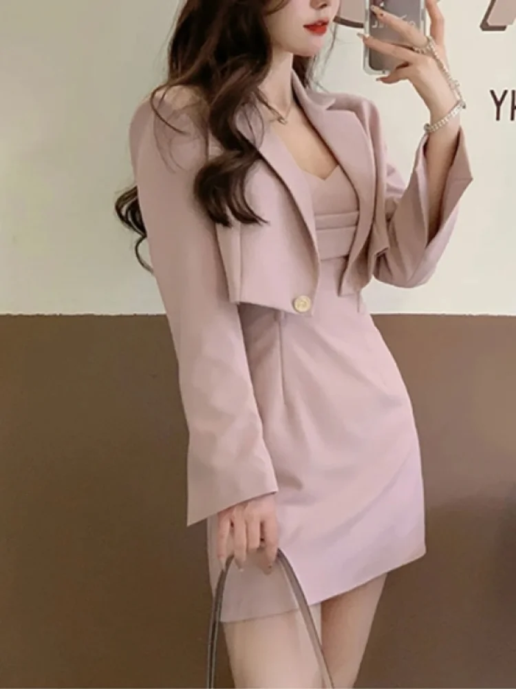 

Autumn Pink Two Piece Dress Set Women Blazer Coat+Strap Dress Set Female Casual Korean Fashion Slim Elegant Dress Suit 2024 New