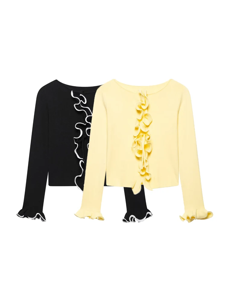 

GELITAYIN Women's Fashion Ruffle Cropped Knit Cardigan Sweater Long Sleeve Front Bow Tied Chic Outerwear Top