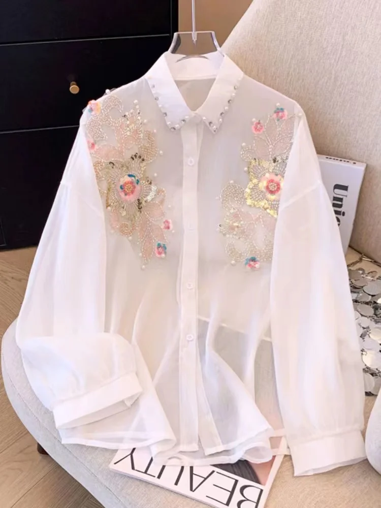 Beaded Collar Flowers Embroidery Long-Sleeved Single-Breasted Top for Women 2024 Summer Thin Sunscreen Shirts Blouses