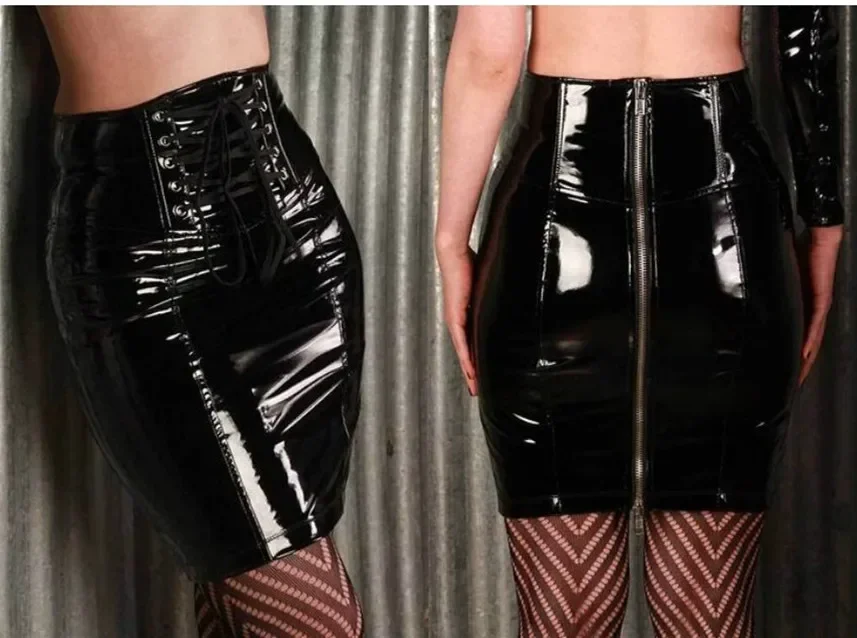 Gothic Black Skirts for Women Latex PVC Leather Pencil Mini Skirt Lace Up Zip Shiny Bodycon Skirts Sexy Club Y2k Clothes