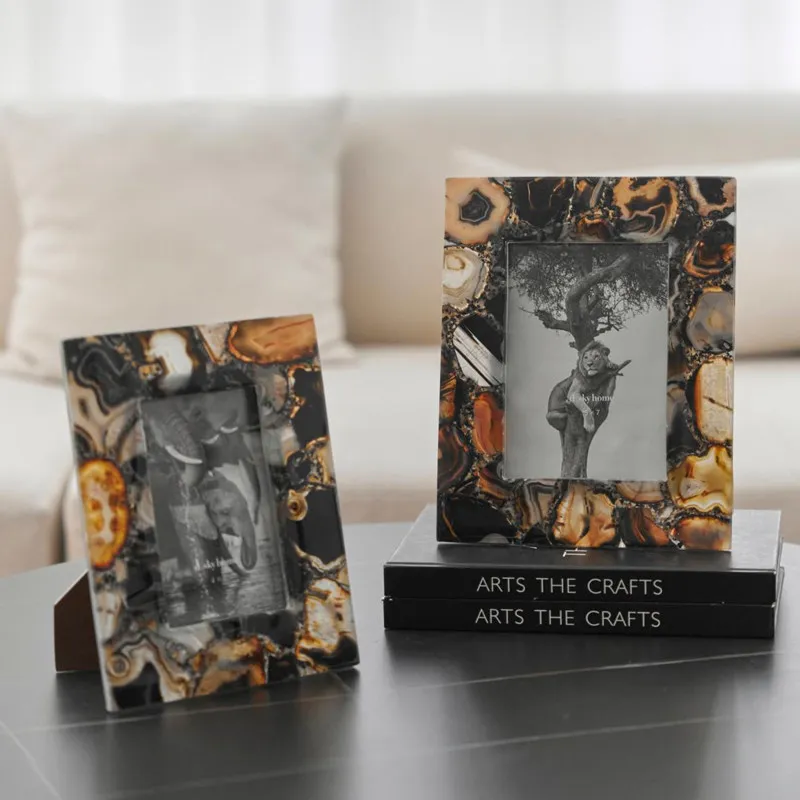Indian retro brown gold silk agate photo frame table, model room bedside table TV cabinet high-end decoration ornament