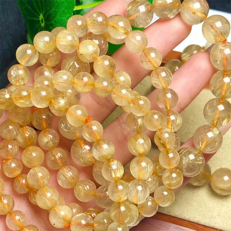 Natural Gold Rutilated Quartz Bracelet Brazil Crystal Woman Round Beads Bangle Wealthy Bracelet 8/10/12MM