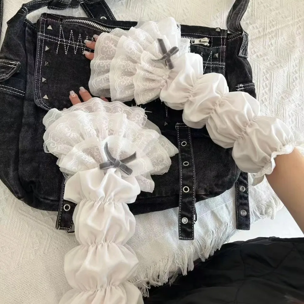 Y2K Lolita Jk Lace Fingerless Gloves Kawaii White Lace Women Sleeve Cover Ballet Strap Bow Cosplay JK Clothing Accessories view 2