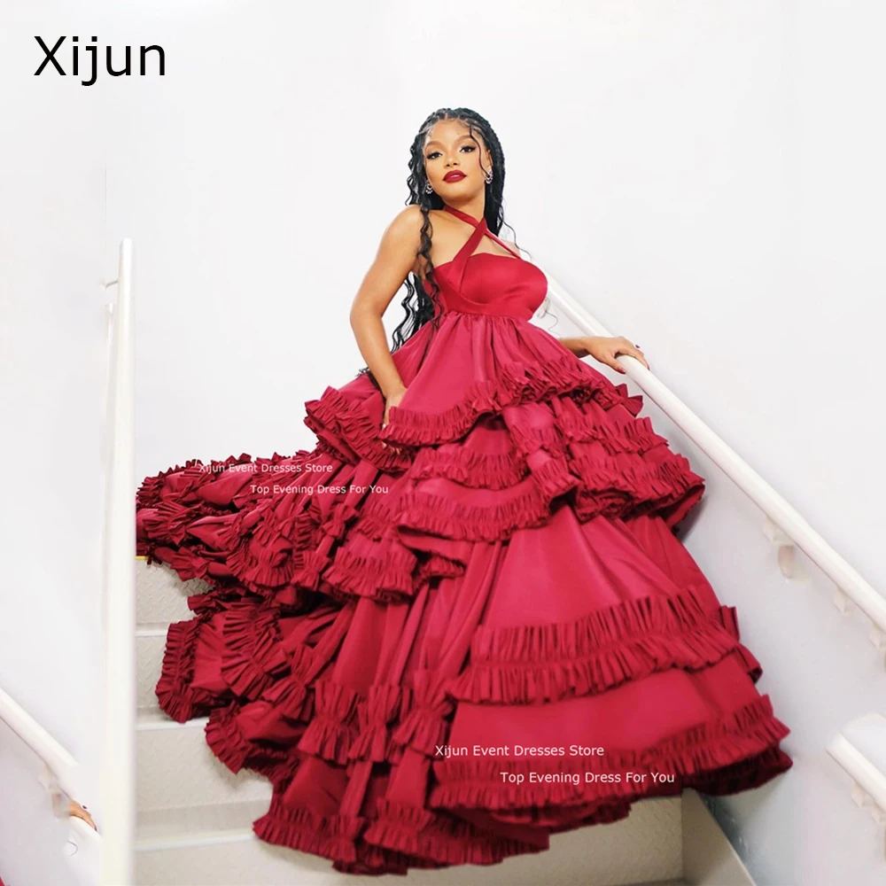 

Xijun Red Satin Evening Dresses Tiered Ruffles Sleeveless Prom Dresses Celebrity Ball Gowns Prom Dresses 2024 Criss-Cross Prom