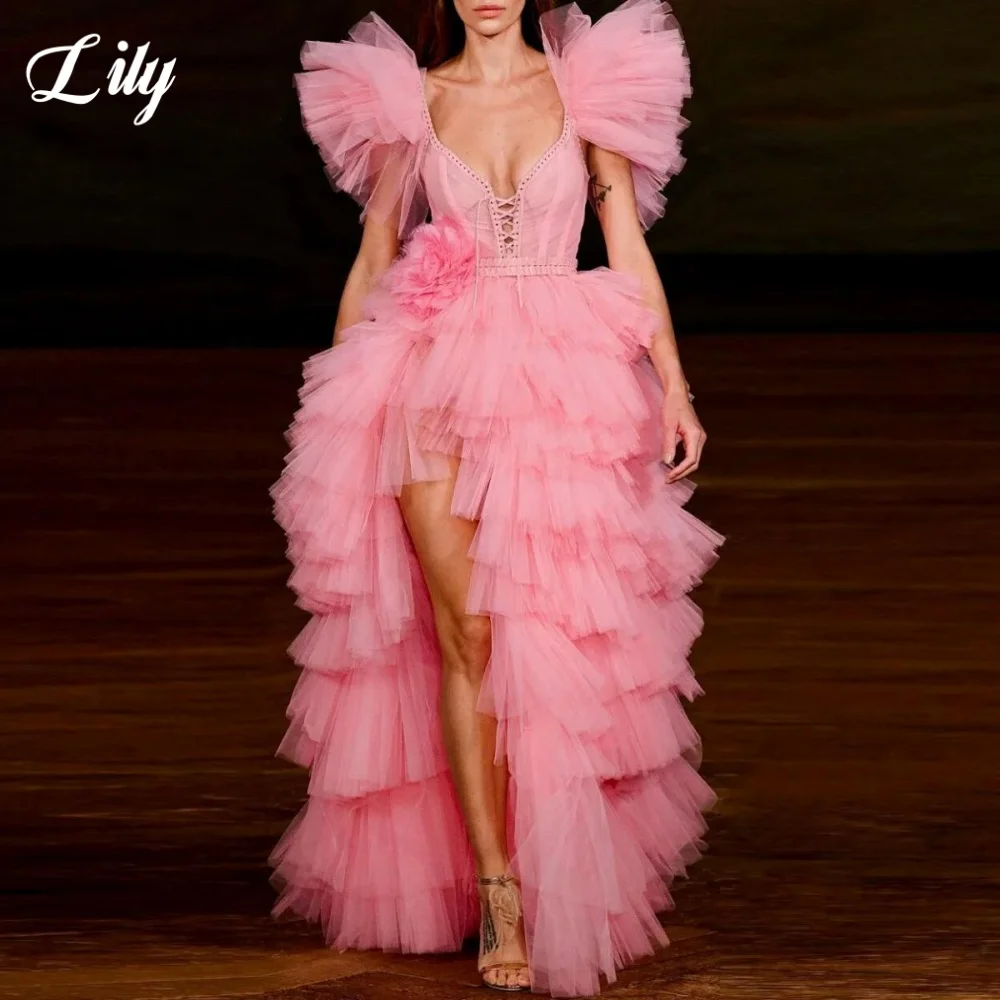 Lily Pink Elegant Prom Gown Deep V-Neck 3D-Flowers Prom Dress Pleating Side Split Trailing Chic Woman Evening Dresses Customized