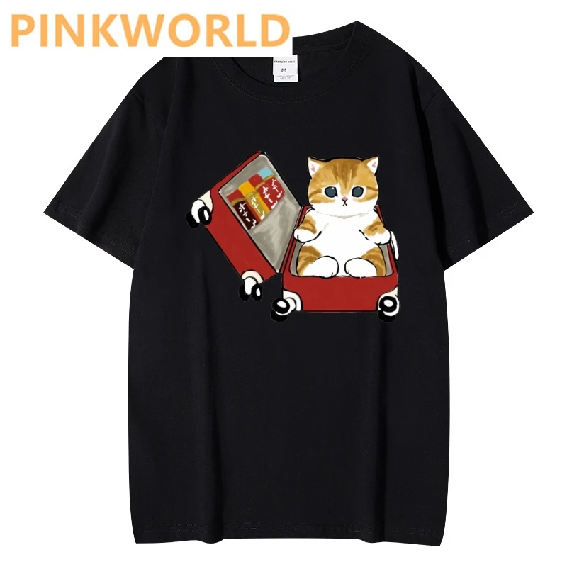 Kawaii A cat packed in a suitcase print ladies T-shirt casual basis O-collar Black white Women shirt short sleeve ladies Tshirt