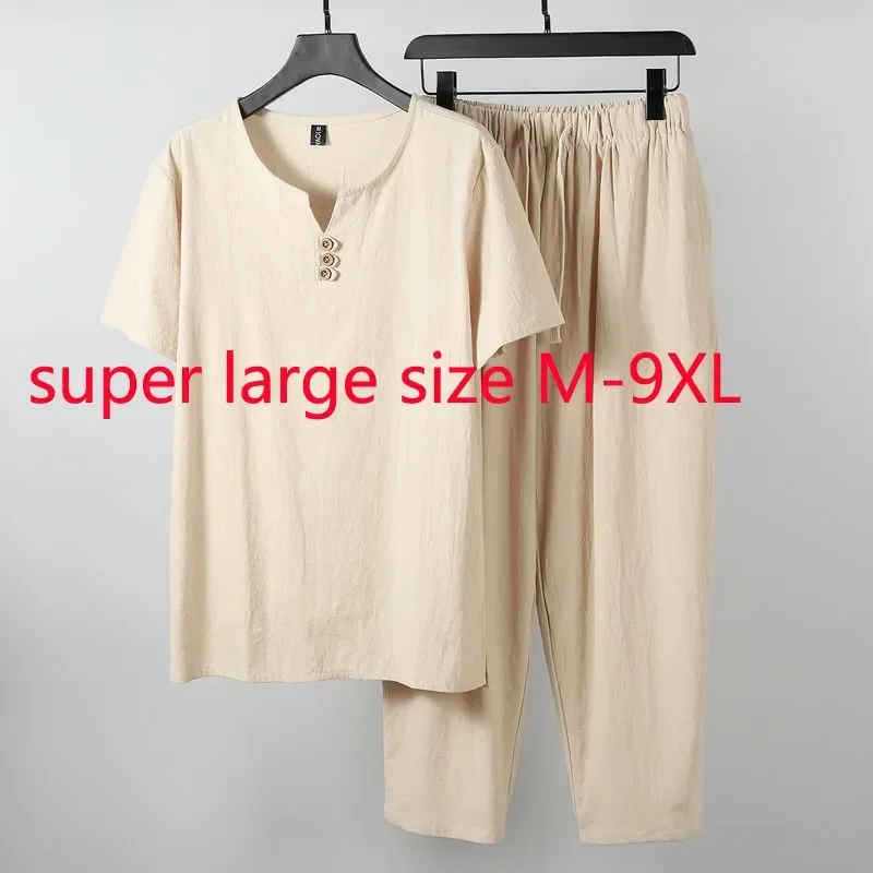 New Arrival Suepr Large Summer Men Short Sleeve Fashion Casual Linen Two Piece Set T-shirt Plus Size M-3XL 4XL5XL6XL 7XL 8XL 9XL