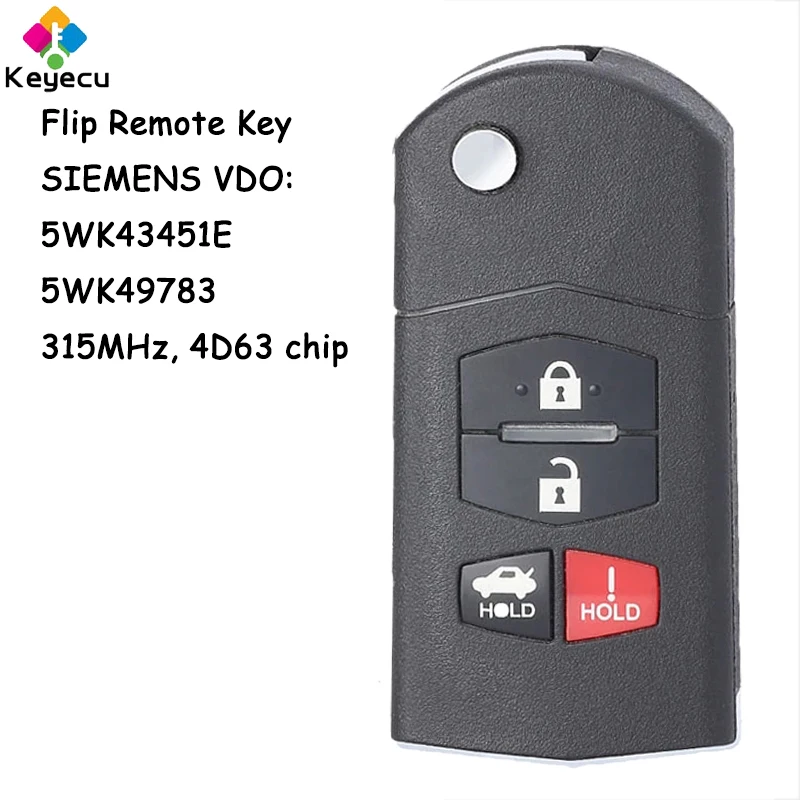 

KEYECU Flip Remote Control Car Key With 4 Buttons 315MHz 4D63 Chip for Mazda 6 2009 2010 Fob SIEMENS VDO 5WK43451E 5WK49783