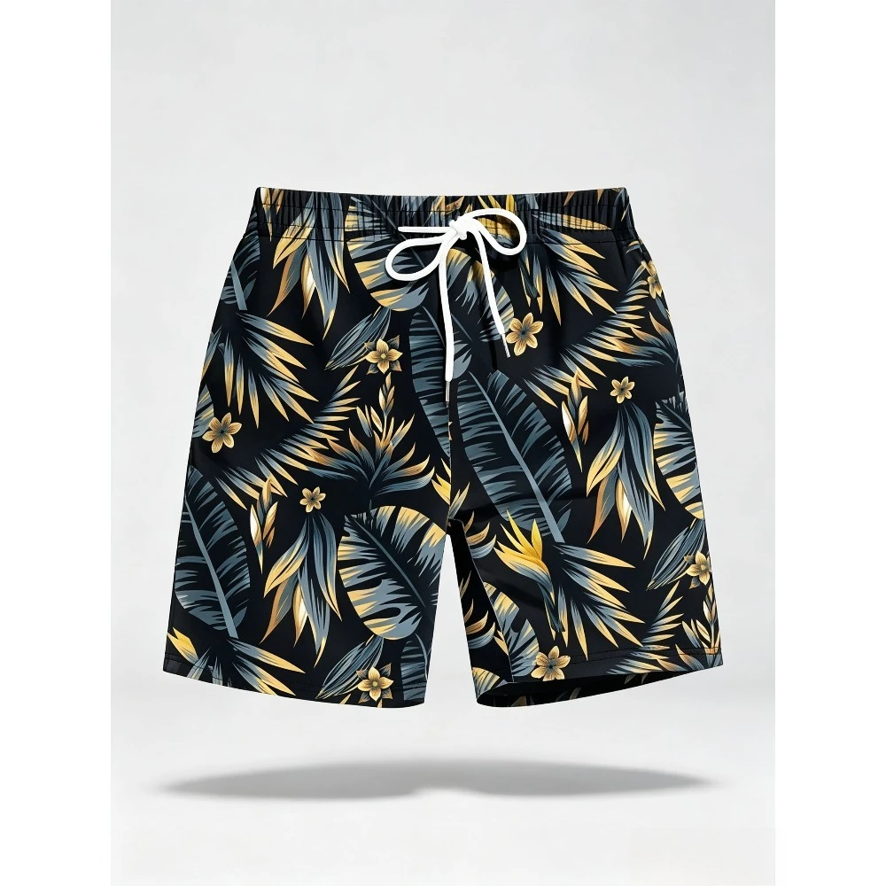 Men Swim Trunks Quick Dry Hibiscus Palm Leaf Floral Print Board Shorts Elastic Drawstring Waist Beach Pockets for  Vacation Surf