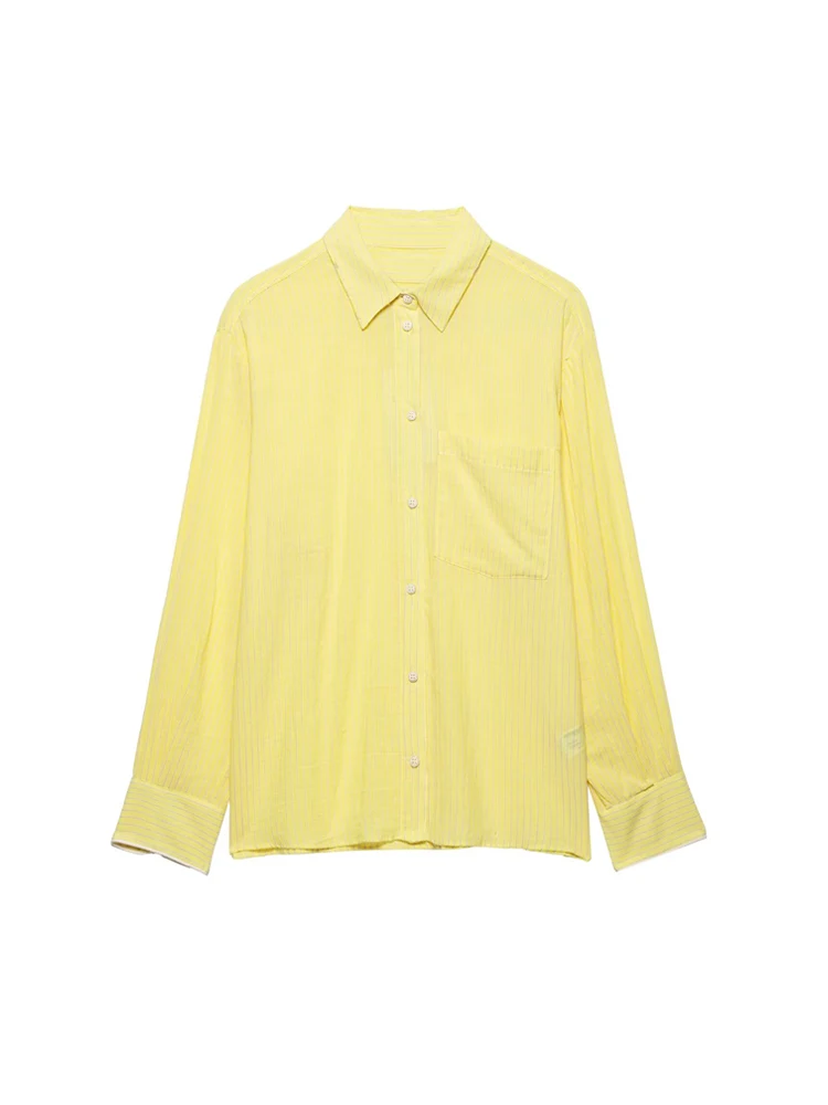 

TRZA Women's Fashion Striped Loose Fit Long Sleeve Shirt Lapel Collar Chic Blouse Top