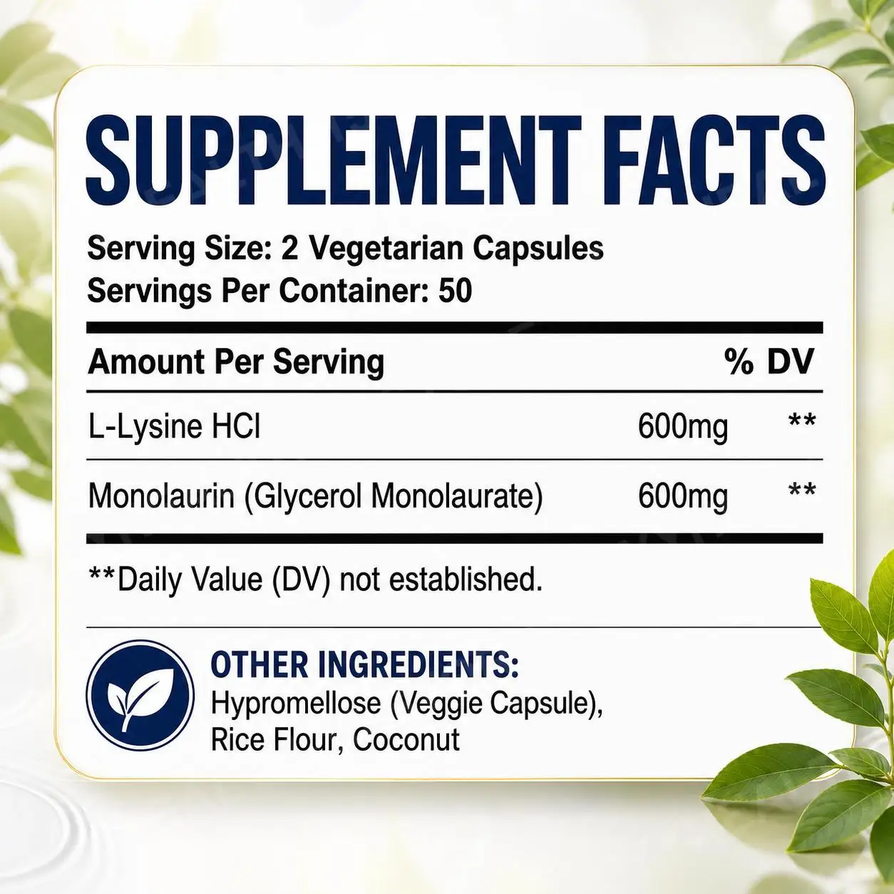 L-Lysine HCl & Monolaurin 1:1 Ratio Capsules, Immune Wellness, Daily Defense and Balance Support, 600 mg Each, 100 Count