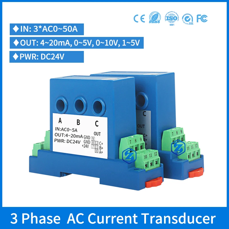 

3 Phase Current Transmitter 4-20ma 0-5v 0-10v Analog output Perforated Three Phase Ampere Signal Transducer