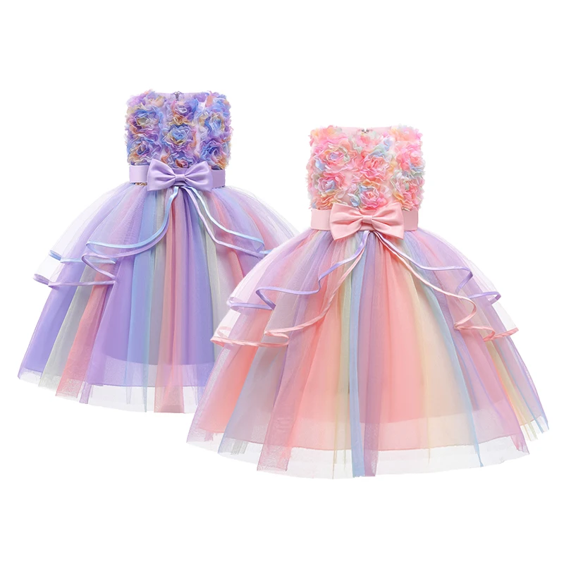 1 2 3 4 5 6 8 10 Years Flowers Baby Girls Dress Summer Rainbow Mesh Little Princess Dress Piano Performance Costume Kids Clothes