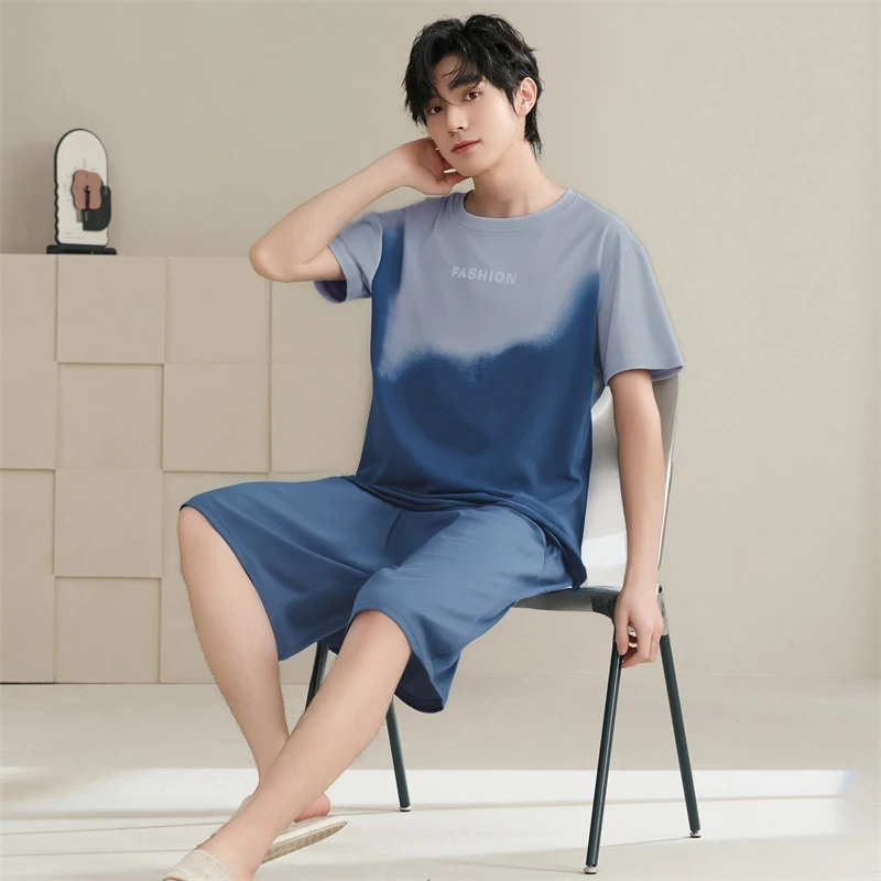 2 Pieces Set Cotton Nightwear For Men O Neck Short Sleeves Sleeping Top Shorts Pajamas Set Male Young Boy Homewear Hombre Pijama