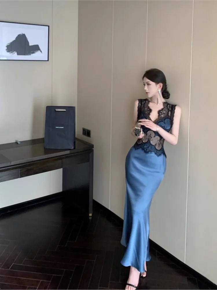 

Sexy Dress Lace Vestido Dresses 2025 Woman Spaghetti Strap V-link Patchwork Bodycon banquet Temperament Elegant Package Hip Silm