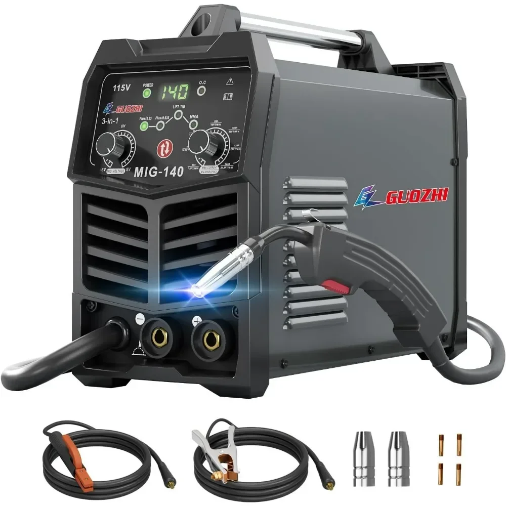 

140Amp MIG Welder, Flux Core MIG/Stick/Lift TIG 3 in 1 Welding Machine,110V Gasless Welder with Synergy, Portable IGBT Inverter