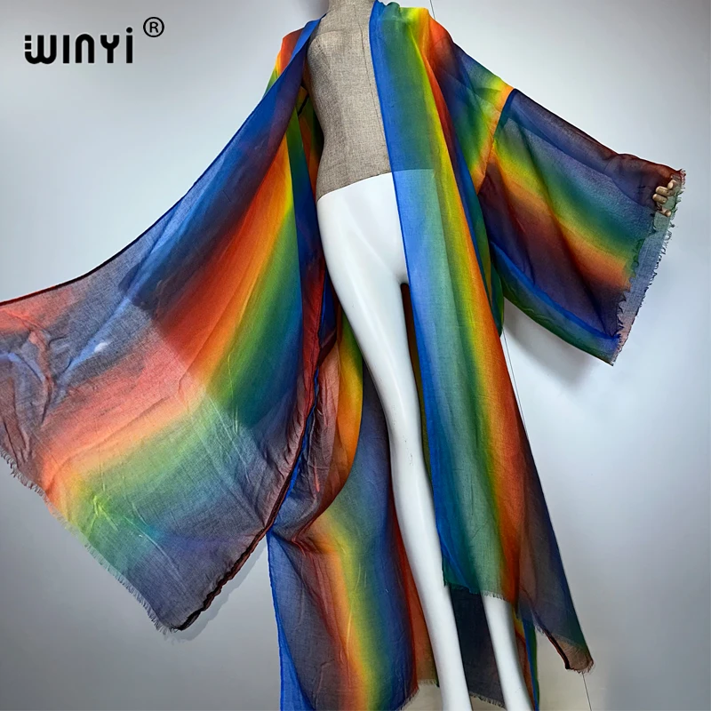 WINYI Bohemian Kimono Tie-Dye Streifendruck Damen Mantel Langer Mantel Strand Urlaub Schwimmen Cover Up Partykleider Luxus Dubai Abaya