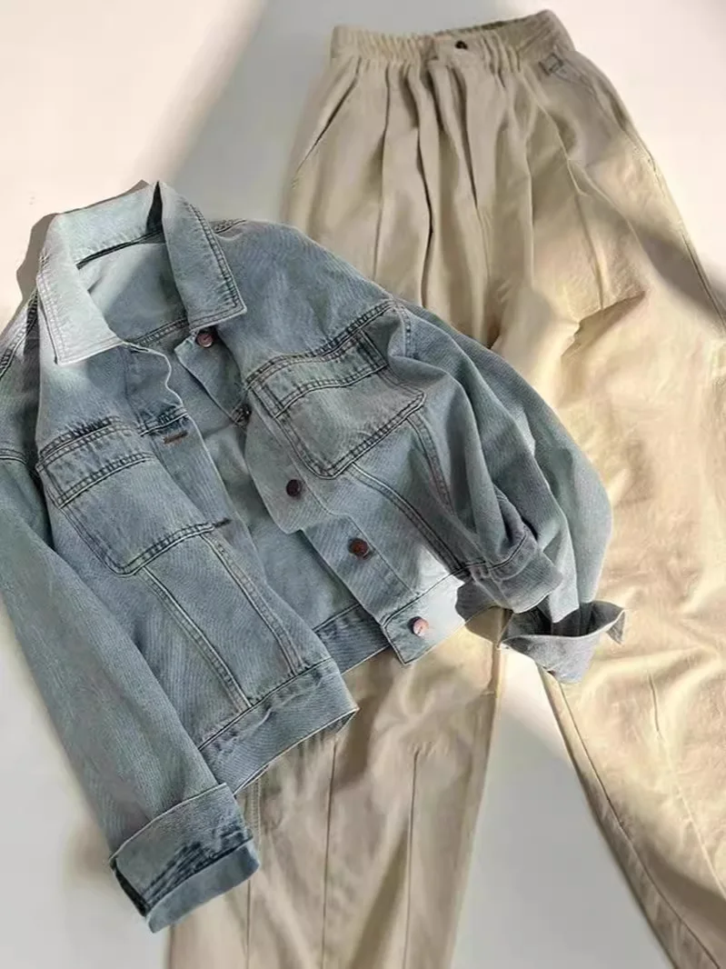 봄과 가을 여성용 얇은 한국 스타일 루즈핏 짧은 긴팔 재킷 유럽풍 워싱 코튼 레트로 데님 재킷
