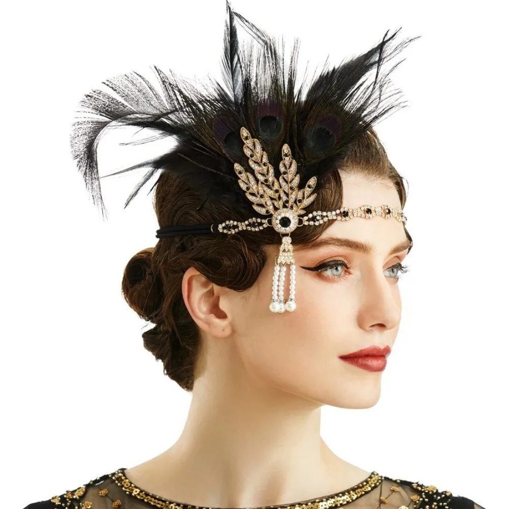 

Vintage Rhinestone Flapper Headband Tassel Peacock Feather Hair Strap Forehead Chain Hair Accessories