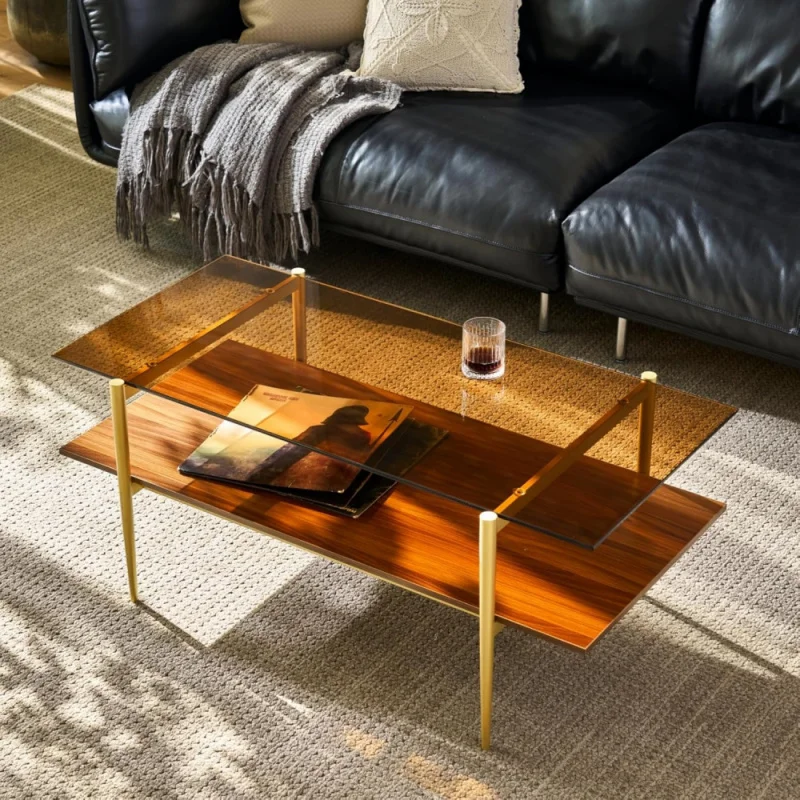 

Saint Mossi Tadio Double Layer Glass Coffee Table for Living Room, Brown MDF Bottom Shelf