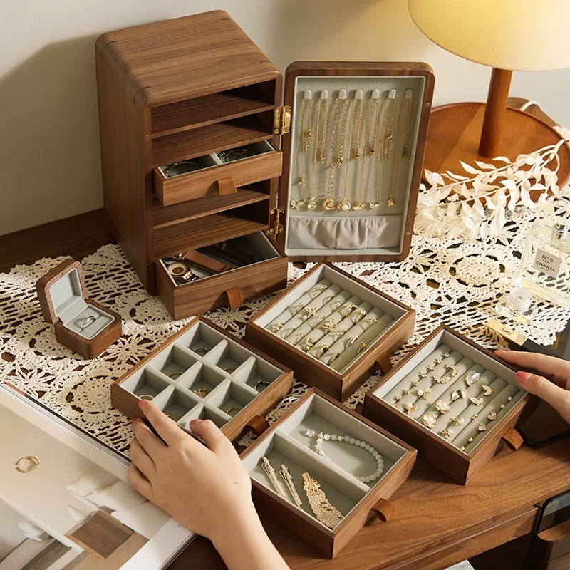 Large Solid Wood Jewelry Box Display Organizer Case Tarnish Lined Ring And Bracelet Storage for Dresser Vanity Table