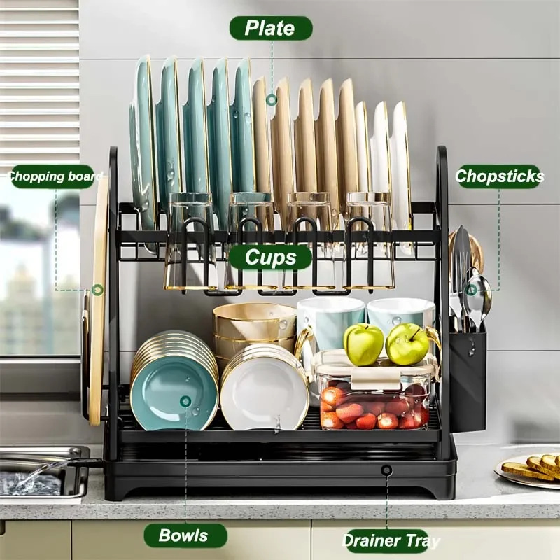 Kitchen Dish Bowl Drying Rack 2 Tier Drainer Storage Rack with Dish Chopsticks Knife Fork Water Cup Kitchen Countertop Organizer